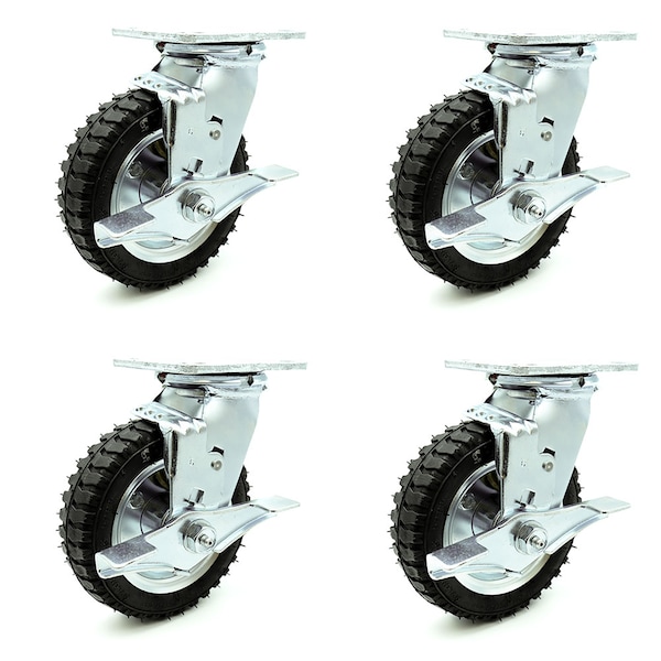 6 Inch Black Pneumatic Wheel Swivel Casters with Brakes Set